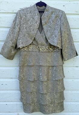 R&M Richards Dress 14 Tan Ruffled Embellished w/ Jacket Knee Length 2pc